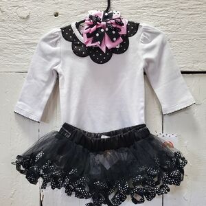 3/$18 Top with Polkadot Trim Tutu Skirt Hair Bow White Pink Black O-6 Onesie.